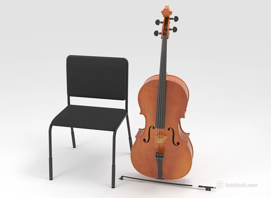 Wooden Cello With Black Chair And Bow For Musical Instrument Setup 3d model 