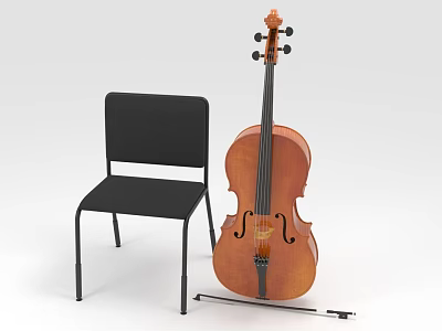 Wooden Cello With Black Chair And Bow For Musical Instrument Setup 3d model
