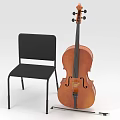 Wooden Cello With Black Chair And Bow For Musical Instrument Setup