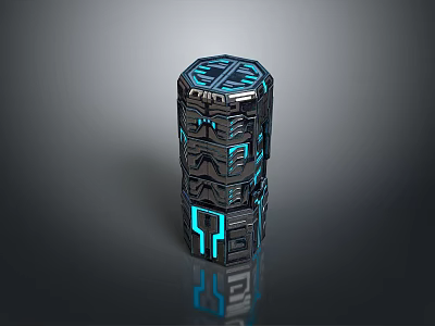 Futuristic Black Cylindrical Object With Blue Glowing Lines And Geometric Patterns 3d model
