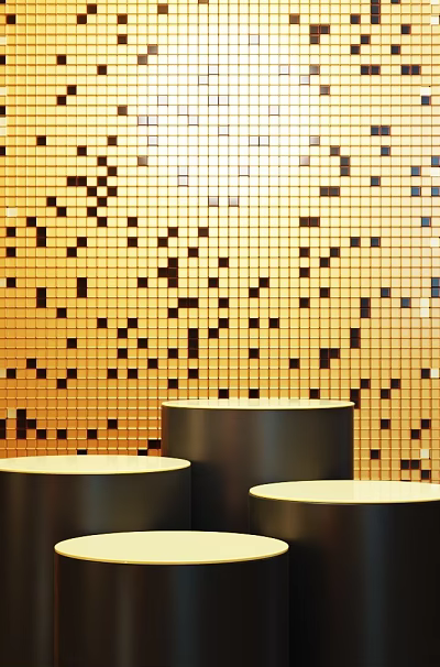 Gold Mosaic Background With Black Cylindrical Pedestals And White Tops For Product 3d model