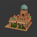 Model Building With Green Dome Tower Wooden Facade Shop Front Awnings And Display Counters