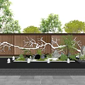 Wooden Feature Wall With Tree Branch Patterns Surrounded By Green Plants And Reflection Pool 3d model