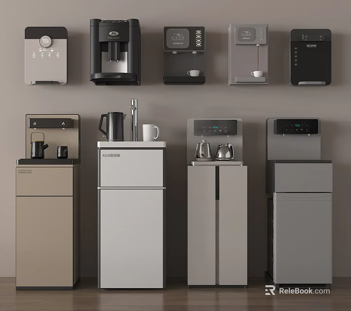 Modern Household Appliances Neatly Arranged On Gray Wall With Coffee Makers Water Dispensers Mini Fridges 3d model 