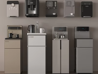 Modern Household Appliances Neatly Arranged On Gray Wall With Coffee Makers Water Dispensers Mini Fridges 3d model