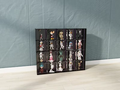 Various Dolls Arranged on Black Display Shelf Against Blue Wall and Light Floor 3d model