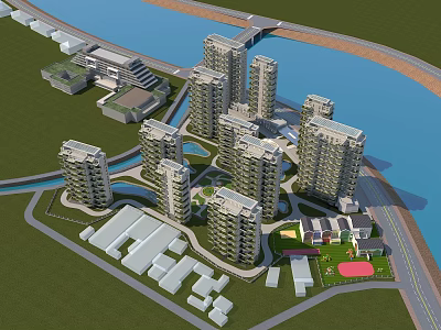 Aerial Urban Planning With High Rise Buildings River Green Spaces And Roads 3d model