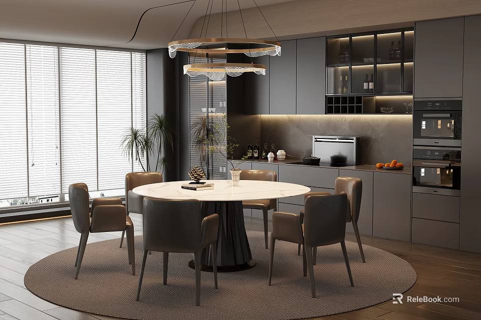 Modern Restaurant Interior With Round Dining Table Chairs Pendant Light and Kitchen Area 3d model