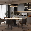 Modern Restaurant Interior With Round Dining Table Chairs Pendant Light and Kitchen Area 3d model