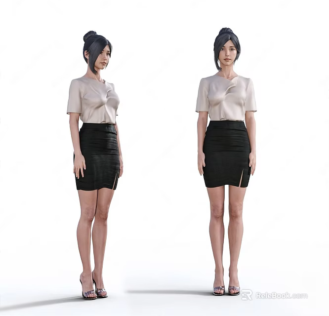 Woman In Beige Bow Detail Short Sleeved Top And Black Side Slit Skirt 3d model 