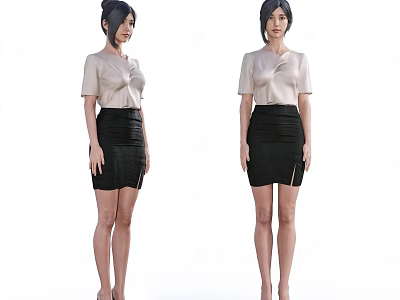Woman In Beige Bow Detail Short Sleeved Top And Black Side Slit Skirt 3d model