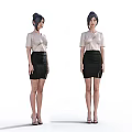 Woman In Beige Bow Detail Short Sleeved Top And Black Side Slit Skirt