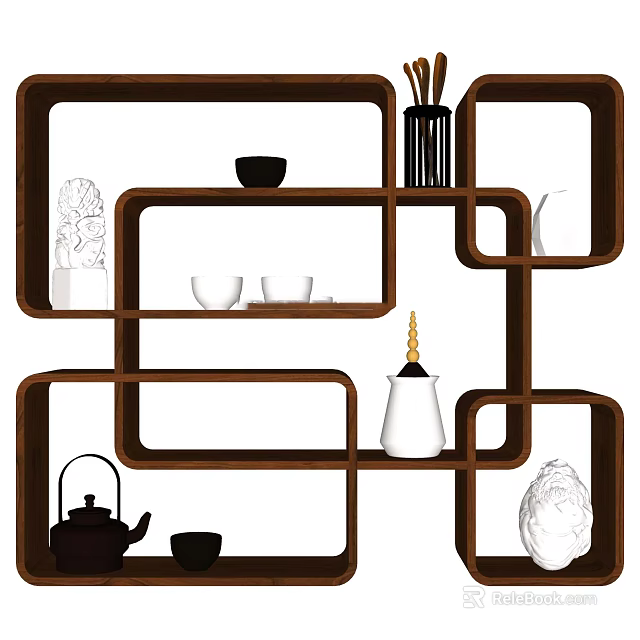 Wooden Traditional Display Shelf With Tea Sets And Decorative Items 3d model 