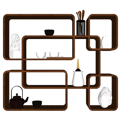 Wooden Traditional Display Shelf With Tea Sets And Decorative Items 3d model