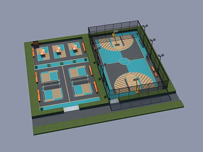 Modern Basketball Court Design With Multiple Courts Blue Orange Flooring And Black Fencing 3d model