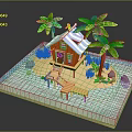 Tropical Scenic View With Orange Cabin Palm Trees Sand Beach Wooden Dock And Blue Water
