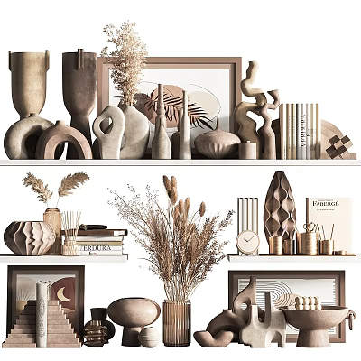 Modern Minimalist Decorative Ornament Set With Ceramic Vases Dried Flowers And Sculptures On Shelves 3d model