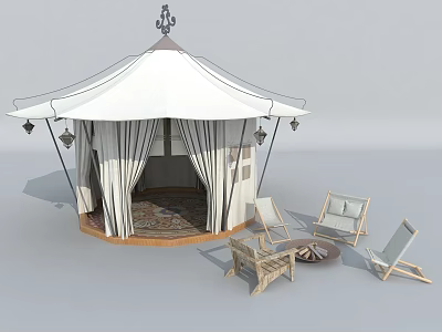 White Dome Tent With Ornate Top Hanging Lanterns Outdoor Wooden Chairs Table And Fire Pit 3d model