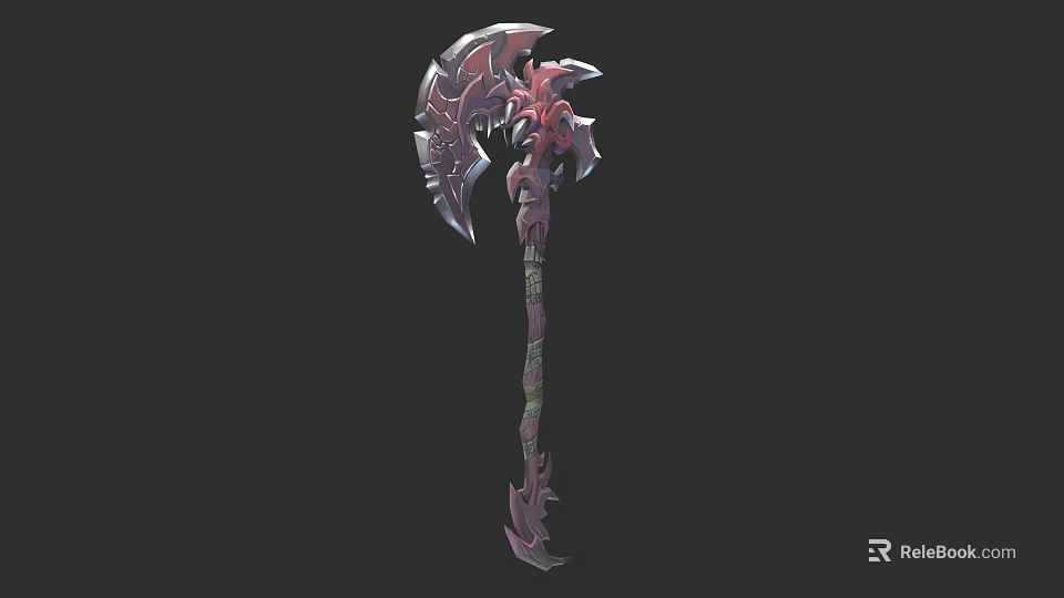 Ornate Fantasy Axe Weapon With Intricate Red Silver Design And Detailed Handle 3d model 