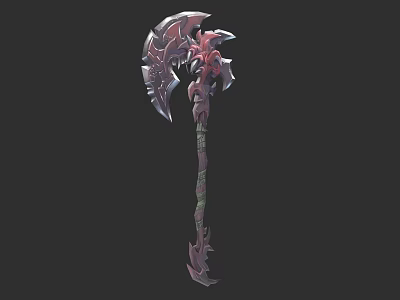 Ornate Fantasy Axe Weapon With Intricate Red Silver Design And Detailed Handle 3d model