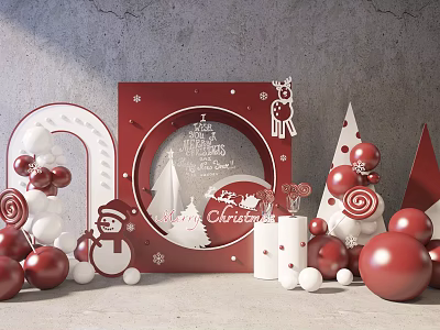 Christmas Decorations With Red And White Theme Circular Ornament Snowman Figure Candy Cane Balloons 3d model