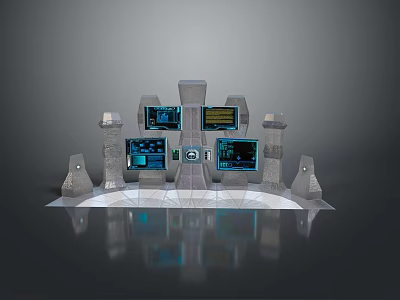Futuristic Control Console With Multiple Screens Stone Pillars And Display Panels On Reflective Floor 3d model
