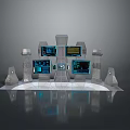 Futuristic Control Console With Multiple Screens Stone Pillars And Display Panels On Reflective Floor 3d model