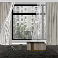 Gray Curtains And Sheer Panels In Room With Window Tree View Carpet And Stool