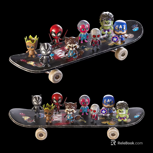 Fun Marvel Character Skateboard With Action Figure Toys On Deck Surface 3d model