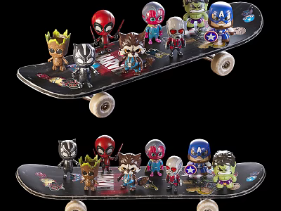 Fun Marvel Character Skateboard With Action Figure Toys On Deck Surface 3d model