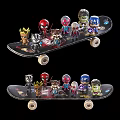 Fun Marvel Character Skateboard With Action Figure Toys On Deck Surface 3d model