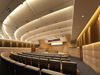 Modern Conference Room Interior With Tiered Seats Curved Ceiling Recessed Lighting And Wooden Wall Panels 3d model