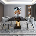 Elegant Restaurant Interior Design With Black Dining Table Gold Accents Gray Chairs And City View