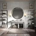 Elegant Modern Bathroom Vanity Design With Round Mirror Marble Countertop And Silver Shelves