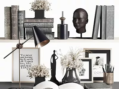 Elegant Decorative Ornaments Set with Books Vases Sculpture Table Lamp Prints and Pen Holder 3d model