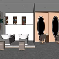 Modern Hair Salon Interior With Oval Mirrors Styling Chairs Storage Cabinets And Green Plants