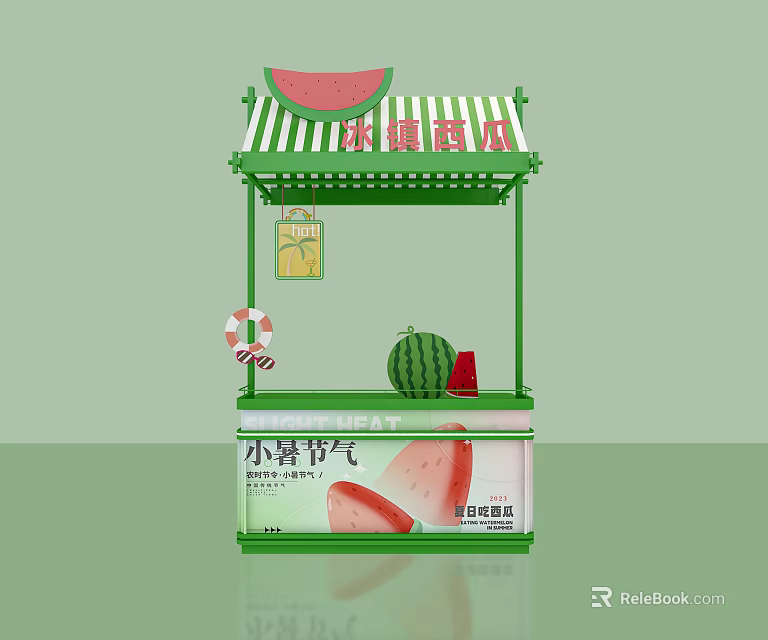 Fruit Stall with Green Striped Awning Watermelon Decor for Xiaoshu Solar Term Fruit 3d model 