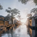 Ancient Architecture in Water Town with River Trees and Sunset View 3d model