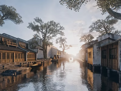 Ancient Architecture in Water Town with River Trees and Sunset View 3d model