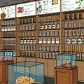 Traditional Medicine Store Interior With Wooden Shelves Display Cases And Glass Jars
