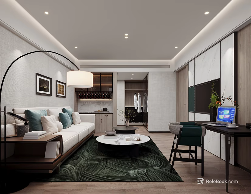 Stylish Modern Hotel Guest Room With Comfortable Lounge Area And Full Functional Working Space 3d model 