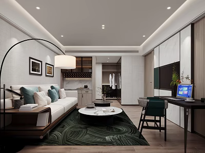 Stylish Modern Hotel Guest Room With Comfortable Lounge Area And Full Functional Working Space 3d model