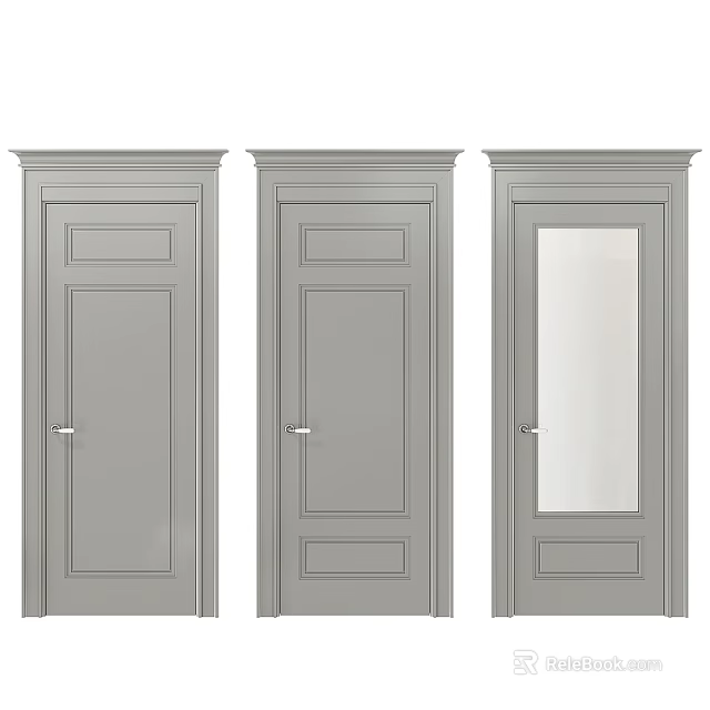 Three Modern Gray Hinged Doors Featuring Glass Panel And Solid Design Elements 3d model