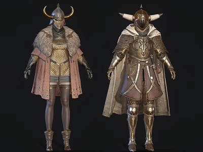 Two Game Movie Warrior Characters Wearing Horned Helmets Metallic Armor And Colored Cloaks 3d model