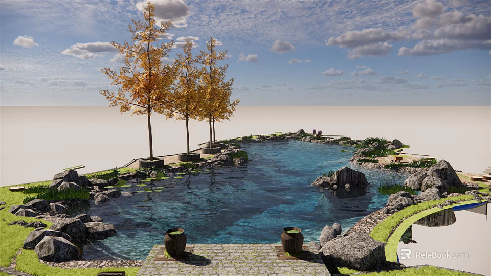 Serene Garden Ornaments With Pond Golden Trees Rocks Urns And Stone Path 3d model 