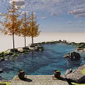 Serene Garden Ornaments With Pond Golden Trees Rocks Urns And Stone Path