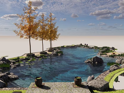 Serene Garden Ornaments With Pond Golden Trees Rocks Urns And Stone Path 3d model