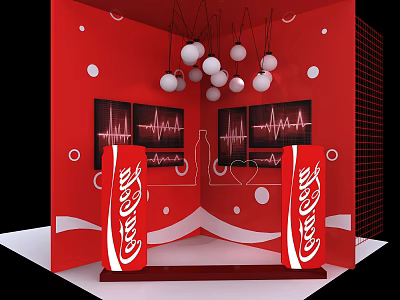Coca-Cola Display Red Background White Dots ECG Patterns Bottle Red Logo Pillars White Spherical Lights 3d model