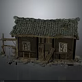 Old Chinese Cottage Model with Broken Roof Tiles Wooden Mud Walls Windows and Weeds