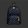 Fashionable Blue And Black Diamond Pattern Backpack With Gold Zipper And Top Handle